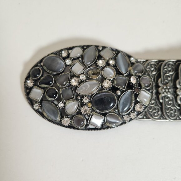 Gunmetal Stretch Belt Womens S/M Western Cowgirl Stone Rhinestones Metal Buckle - Picture 6 of 15